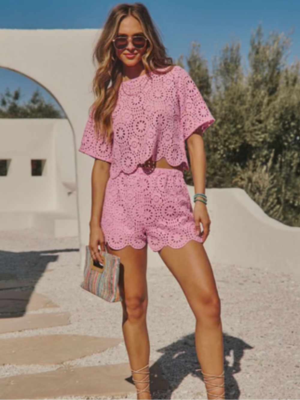 Vici Pink Eyelet High-Waist Scallop-Hem Shorts